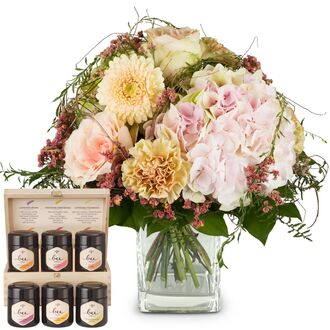 Romantischer Hortensienstrauss mit Honig Geschenk-Set